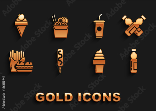 Set Ice cream, Crossed bottle of water, Bottle, in waffle cone, Burger and french fries carton package box, Paper glass with drinking straw, and Asian noodles paper chopsticks icon. Vector