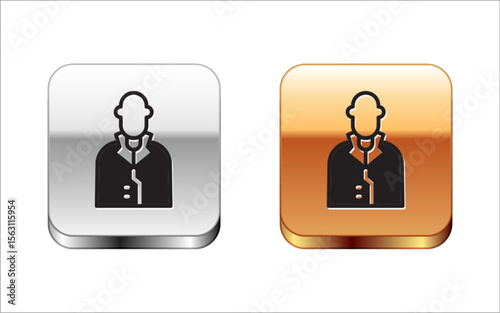 Black Realtor icon isolated on white background. Buying house. Silver and gold square buttons. Vector
