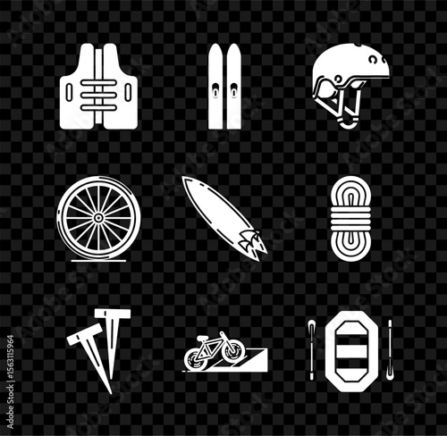 Set Life jacket, Ski and sticks, Helmet, Pegs for tents, Bicycle on street ramp, Rafting boat, wheel and Surfboard icon. Vector