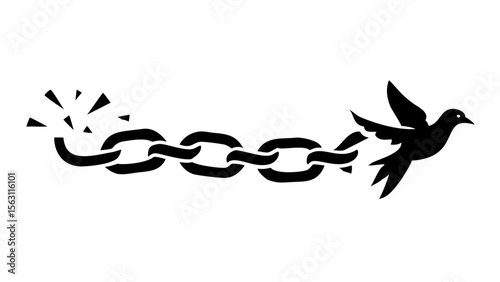 Silhouette of a bird flying away from a broken chain representing freedom and liberation in black and white