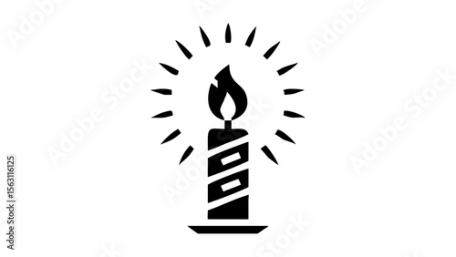 Illustration of a black candle with a flame and light rays on a white background design element