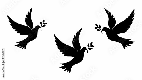 Three black silhouettes of doves flying with olive branches in their beaks on a white background