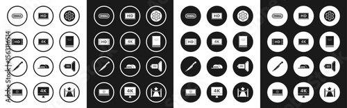Set Film reel, Laptop screen with 4k video technology, movie, tape, frame, Cinema poster design template, Scenario, HD, Movie spotlight and Knife icon. Vector