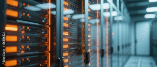 Server racks in a data center with illuminated panels and organized rows