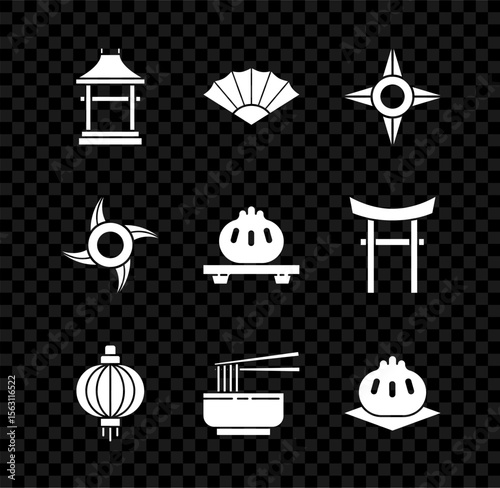 Set Japan Gate, Paper chinese or japanese folding fan, Japanese ninja shuriken, paper lantern, Asian noodles bowl and chopsticks, Khinkali on cutting board, and Dumpling icon. Vector