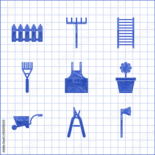 Set Kitchen apron, Gardening handmade scissors, Wooden axe, Flower pot, Wheelbarrow, rake, staircase and fence wooden icon. Vector