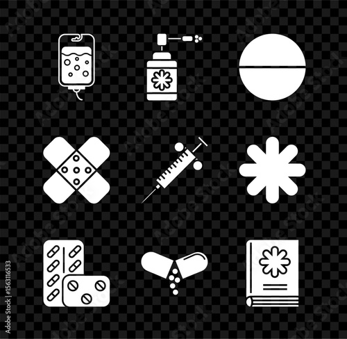 Set IV bag, Medical bottle with nozzle spray, Medicine pill or tablet, Pills blister pack, book, Crossed bandage plaster and Syringe icon. Vector