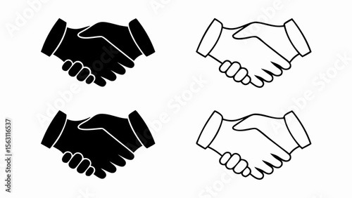 Illustration showing two pairs of hands shaking in black and white color on a white background