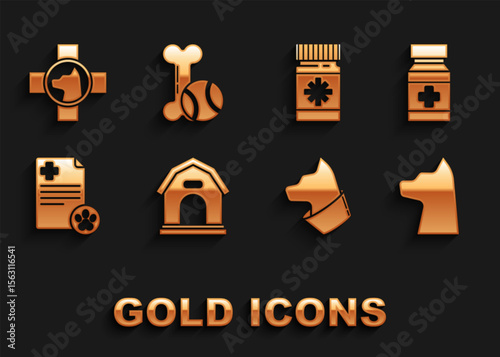 Set Dog house, medicine bottle and pills, Cat, Clipboard with medical clinical record pet, Veterinary symbol and Pet toys bone rubber ball icon. Vector