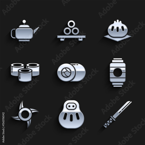 Set Sushi, Maneki neko cat, Traditional Japanese katana, paper lantern, ninja shuriken, Khinkali cutting board and tea ceremony icon. Vector