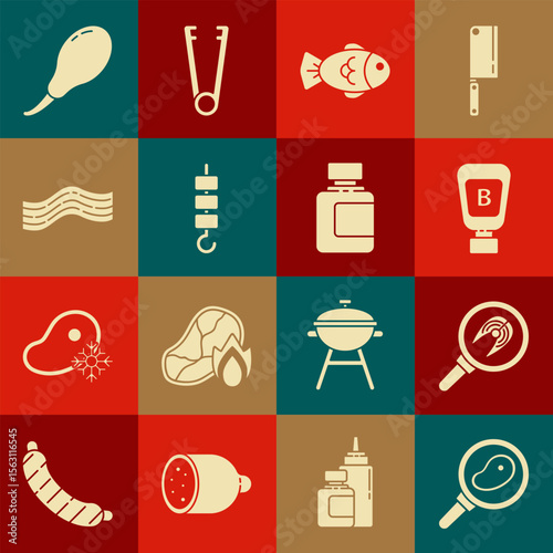 Set Steak meat in frying pan, Fish steak, Sauce bottle, Grilled shish kebab on skewer stick, Bacon stripe, Chicken leg and icon. Vector
