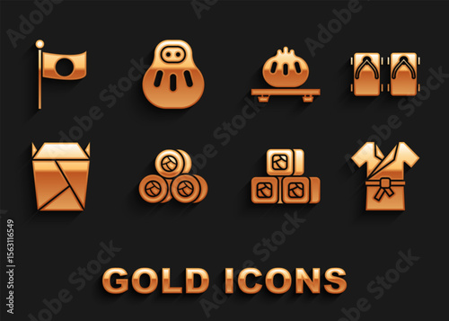 Set Sushi, Geta traditional Japanese shoes, costume Kimono, Rstaurant opened take out box filled, Dumpling cutting board, National flag of pole and Maneki neko cat icon. Vector