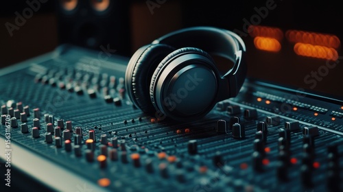Close up of black headphones resting on a sound mixing board in a dimly lit recording studio