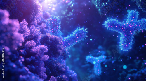 Antibodies, Y-shaped protein structures floating in a microscopic environment