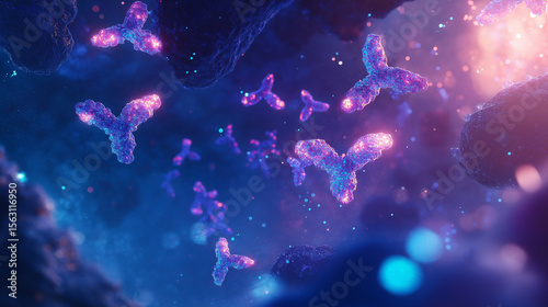 Antibodies, Y-shaped protein structures floating in a microscopic environment