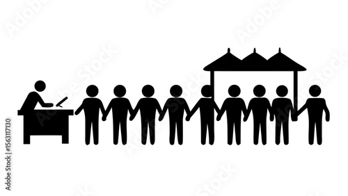 Illustration of a person at a desk with a line of people holding hands near a structure with a roof