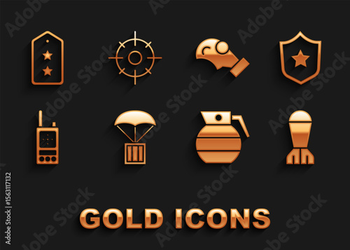 Set Airdrop box, Military reward medal, Aviation bomb, Hand grenade, Walkie talkie, Gas mask, rank and Target sport icon. Vector