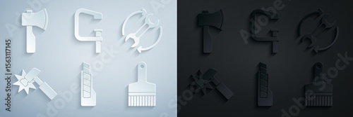 Set Stationery knife, Wrench and arrows as workflow, Hammer, Paint brush, Clamp screw tool and Wooden axe icon. Vector