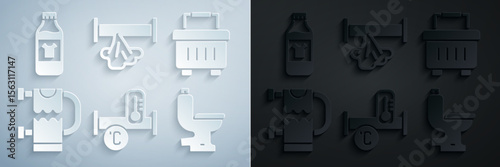 Set Industry metallic pipe, Toolbox, Heated towel rail, Toilet bowl, Broken and Bottle for cleaning agent icon. Vector