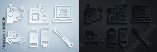 Set Battery, Creating robot, Autonomous smart car, Screwdriver, Motherboard digital chip and Robot charging battery icon. Vector