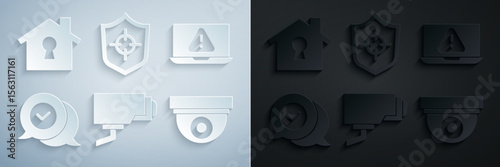 Set Security camera, Laptop with exclamation mark, Check in speech bubble, Shield and House under protection icon. Vector