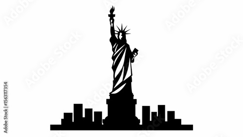 Silhouette of the statue of liberty with the new york city skyline in black and white illustration