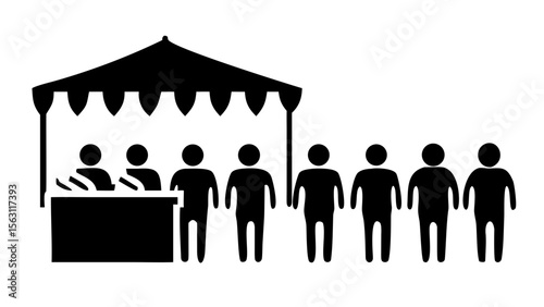 Illustration of people waiting in line at a booth with a tented roof in black and white color scheme