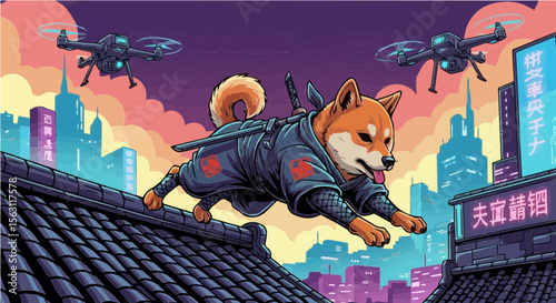 Shiba Inu dog dressed as ninja running on rooftops in futuristic cyber city at dusk with drones flying overhead
