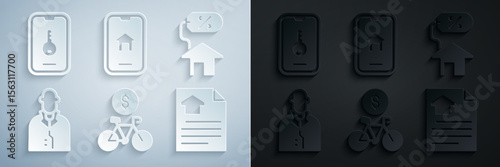 Set Bicycle rental mobile app, House with percant, Realtor, contract, Online real estate and icon. Vector