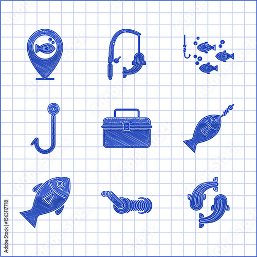 Set Case or box container for wobbler and gear fishing equipment, Spinning reel, Fish, hook, Fishing, under water with and Location icon. Vector