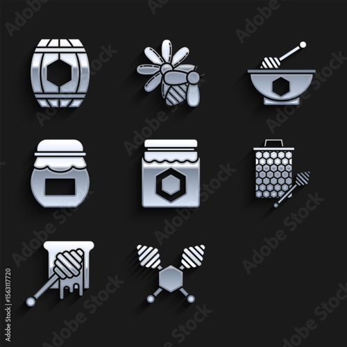 Set Jar of honey, Honey dipper stick, Hive for bees, Honeycomb with stickicon, dripping, and bowl and Wooden barrel icon. Vector