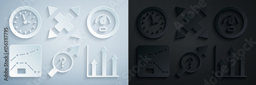 Set Arrow, Digital speed meter, Graph, chart, diagram, Pie infographic, Many ways directional arrow and Clock icon. Vector