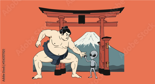 Sumo wrestler meeting an alien under a torii gate with Mount Fuji in the background – humorous cultural crossover illustration