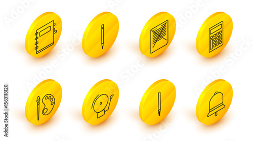 Set line Ringing bell, Pen, alarm, Paint brush with palette, Calculator, Exam paper incorrect answers survey, Pencil eraser and Notebook icon. Vector