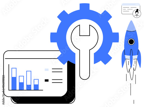 Rocket launching beside bar chart and gear with wrench indicating growth, analytics, innovation, technology, teamwork, startups, and solutions. Ideal for success planning, strategy focus simple flat