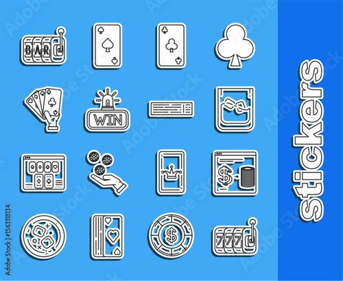 Set line Slot machine with lucky sevens jackpot, Glass whiskey and ice cubes, Playing card clubs symbol, Casino win, Hand holding playing cards, and Deck icon. Vector