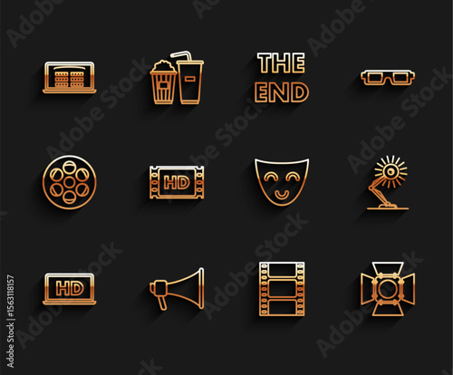 Set line Laptop screen with HD video technology, Megaphone, Buy cinema ticket online, Play Video, Movie spotlight, 4k movie, tape, frame, Table lamp and Comedy theatrical mask icon. Vector