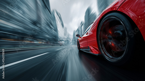 speed concept, red car rushing along a high-speed highway