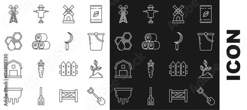 Set line Shovel, Sprout, Bucket, Windmill, Roll of hay, Honeycomb, and Sickle icon. Vector