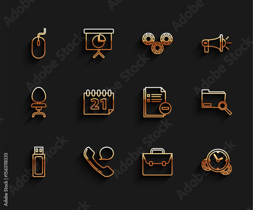 Set line USB flash drive, Telephone handset and speech bubble chat, Computer mouse, Briefcase, Time Management, Calendar, Search concept with folder and Document minus icon. Vector