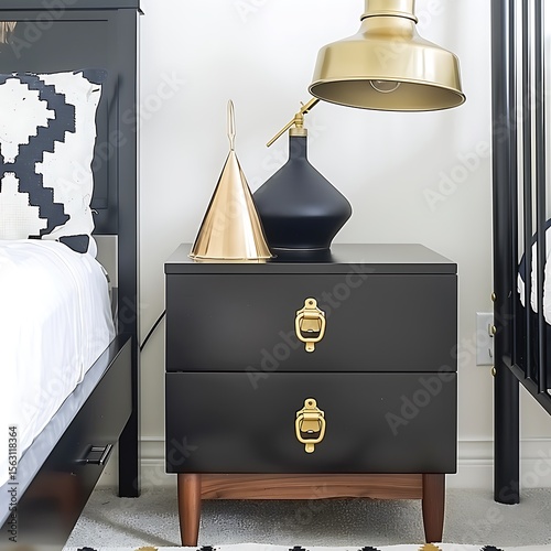 Refined bedroom interior showcasing a black nightstand with metallic accents and classic design