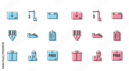 Set line Gift box, Cardboard traffic symbol, free, Cargo ship delivery service, Verification of list clipboard, Scanner scanning bar code and Harbor port crane icon. Vector