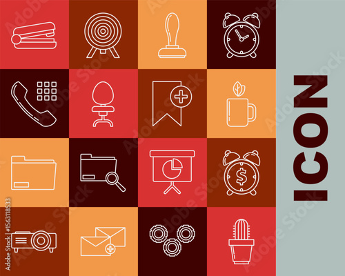 Set line Cactus and succulent in pot, Alarm clock with dollar symbol, Cup of tea leaf, Stamp, Office chair, Telephone handset, stapler and Bookmark icon. Vector