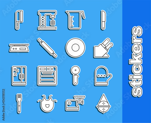 Set line Ball tea strainer, Oven glove, Knife, Measuring cup, Rolling pin, Electronic scales, Meat chopper and Plate icon. Vector