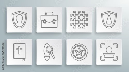 Set line Holy bible book, Briefcase, Magnifying glass with footsteps, Police badge, Face recognition, Prison window, Tie and User protection icon. Vector