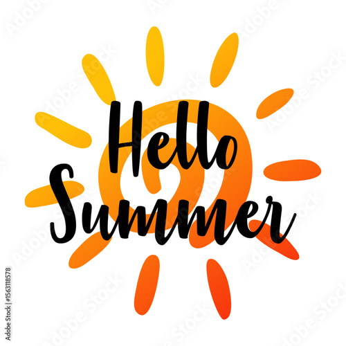 Logo con mensaje Hello Summer en sol como espiral con rayos de sol