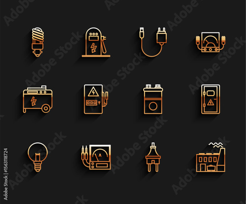Set line Light bulb, Ampere meter, multimeter, voltmeter, LED light, Electric plug, Coal power plant and factory, Electrical panel, cabinet and Car battery icon. Vector