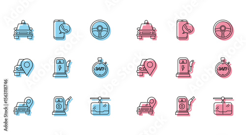 Set line Map pointer with taxi, Petrol or Gas station, Taxi car, Cable, Electric charging, Stopwatch 24 hours, and call telephone service icon. Vector