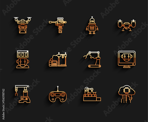 Set line Assembly line, Remote control, Drone delivery concept, Factory conveyor system belt, Internet of things, 3D printer, Bot and Industrial machine robotic robot arm hand factory icon. Vector