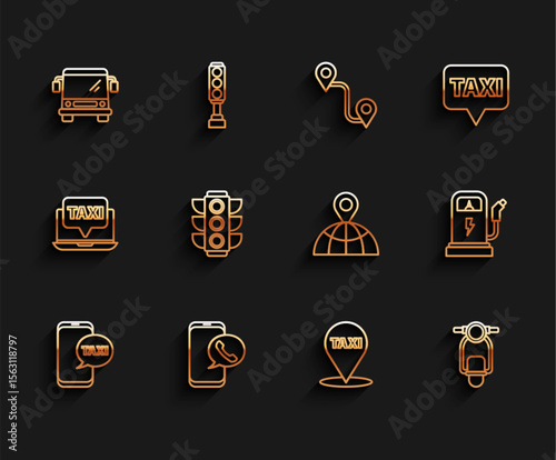 Set line Taxi call telephone service, Bus, Map pointer with taxi, Scooter, Traffic light, Electric car charging station and Location the globe icon. Vector